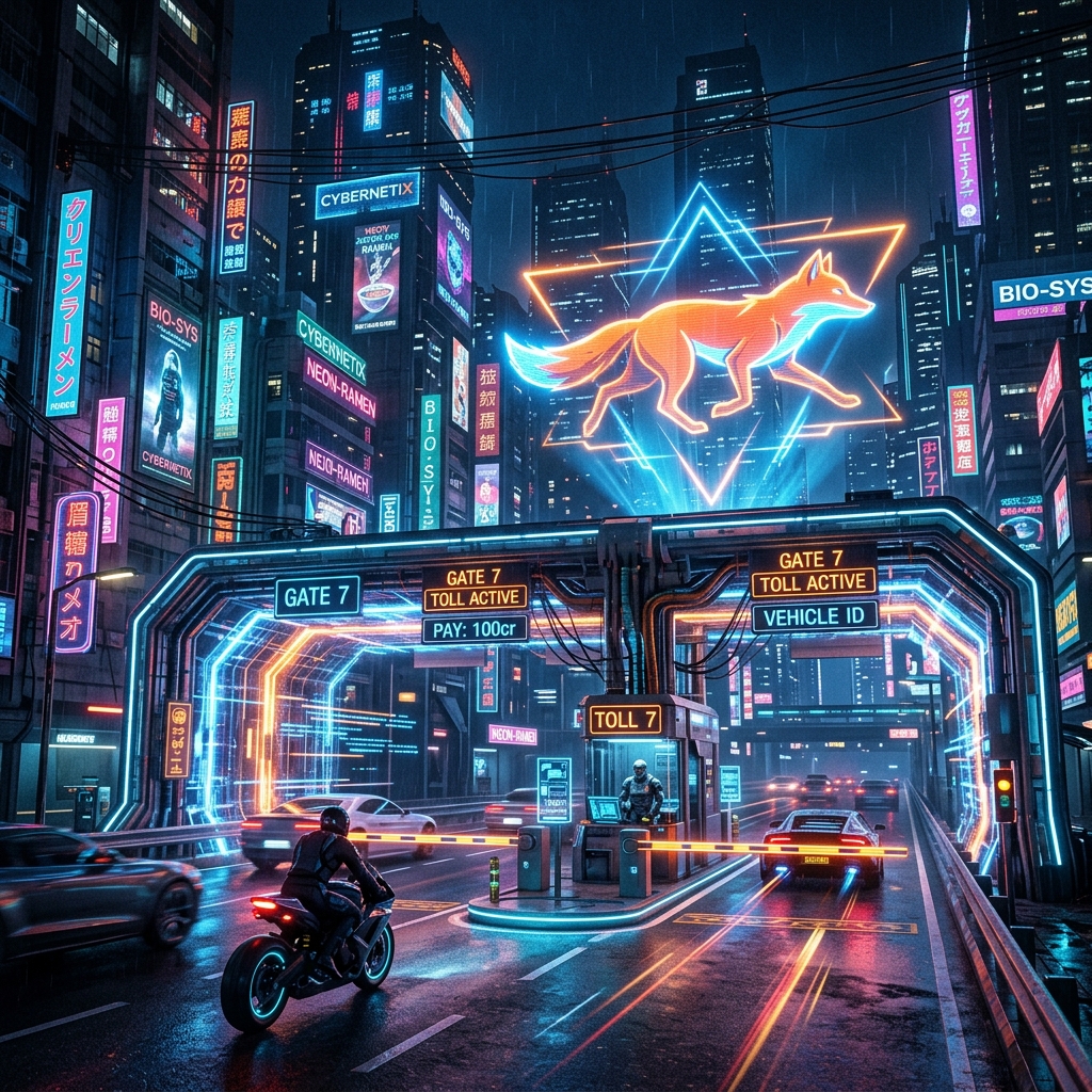 A futuristic cyberpunk toll booth or energy gate in a neon-lit, digital city