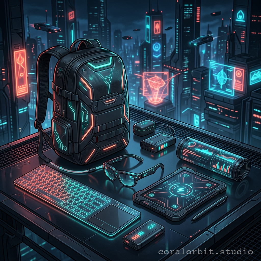 A futuristic cyberpunk nomad gear layout