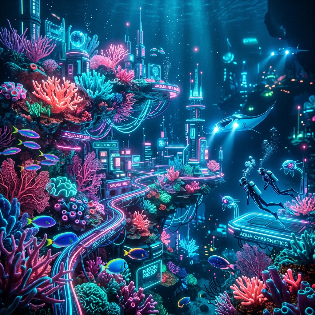 A futuristic underwater reef glowing with neon colors
