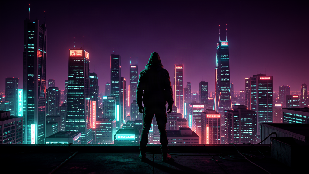 A lone figure on a rooftop overlooking a neon-lit cityscape
