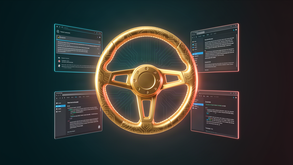 A steering wheel with digital UI elements, symbolizing taking control of your own website
